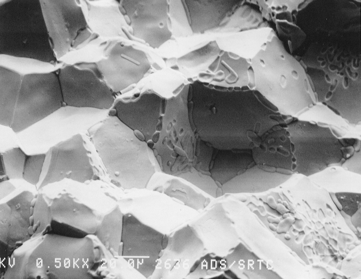 Figure 9a. SEM photographs of the fracture surface of the drain 
  valve tip. Nickel was found on the grain boundaries near the outer edge of the fracture surface.