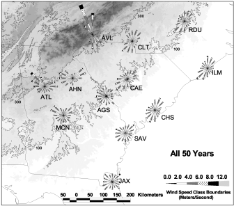 Figure 1. Region of interest in the Southeast and NWS stations analyzed. The wind roses have been time-averaged over the fifty one-year period 1950-2000. Terrain contours are at 100 and 300 m above sea level.