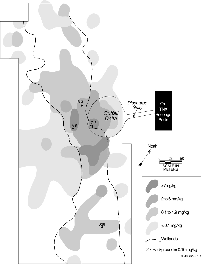 Figure 1. Total-Hg sediment concentrations in the surface 30-cm of the TNX site. White areas within map indicate where no Hg measurements were made (data redrawn from WSRC 1999). Black dots identify sediment-sampling locations.