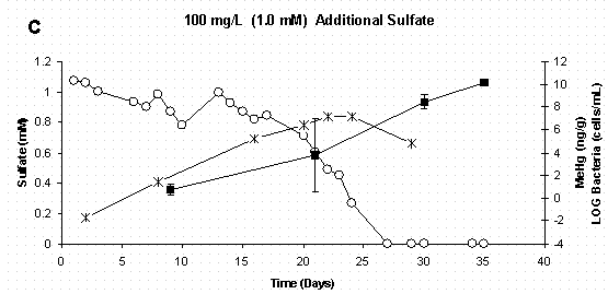 Figure 4 C. Dissolved Sulfate, Sediment Methylmercury, and  Bacterial Populations in Sediment Slurry Reactors. Error Bars for Methylmercury Represent One Standard Deviation for Duplicate Samples.  Error Bars for Bacteria Represent 95% Confidence Intervals.