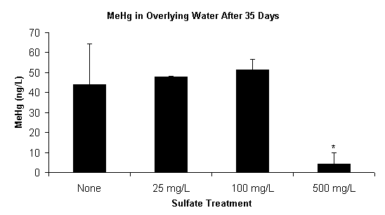 Figure 3. Dissolved Methylmercury (less than 45 �m) in the Overlying Water of the Sediment Slurry Reactors after 35 Days. Asterisk (*)Indicates that Methylmercury Concentrations are Significantly Lower (less than 0.05) in the  500 mg/L Sulfate Treatment. Data Represents the Mean of Duplicate Values.