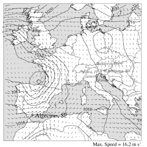 Figure 1: Synoptic surface conditions using MRF (Aviation) analysis at 1000 mbar at 00 GMT, 30 May 1998.  Contours of sea-level pressure (mbar) are shown as solid lines, while arrows represent wind speed and direction. The maximum speed indicates the length of the longest arrows.  Several measurement sites are also shown.