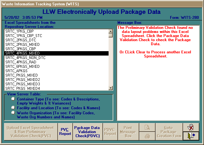 Figure 4.  LLW Electronically Upload Package Data Screen
