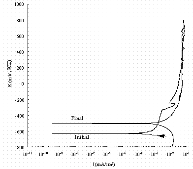 Figure 13. Cyclic potentiodynamic polarization scans in buffered 0.25 M NaNO3 for pure iron. The arrow indicates the direction of the scan and 'Initial' indicates the rest potential as the potential is increase from -50 mV of the OCP and 'Final' indicates the rest potential in the reverse scan.