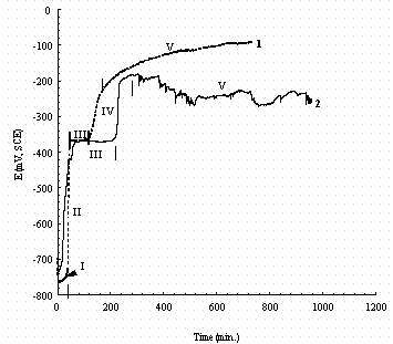 Figure 19. Comparison of the changes in the open circuit potential (OCP) for pure iron (1, dash line) and carbon steel (2, solid line) after immersion in a buffered 0.1M NaNO3 + 0.1M NaNO2 solution. The Roman numerals indicate regions in which different reactions occur as discussed in the text.