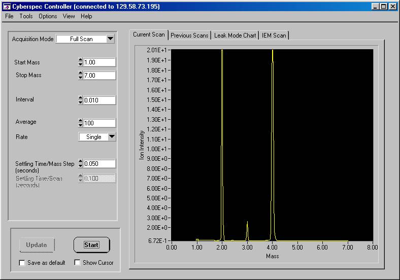 Figure 8. Enhanced scan from mass 1 to 7 for a hydrogen and deuterium mixture using a Mass Sensors ExB unit. System pressure was 3x10-5 Torr and the hydrogen peak is saturated at an ion intensity of 20. A lower limit ion intensity was 0.680.01.